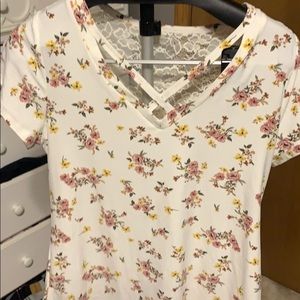 white floral shirt & cross neckline and laced back